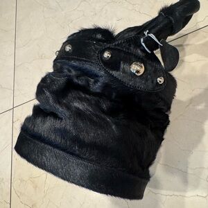 Black Fur Bucket Bag with Silver Accents